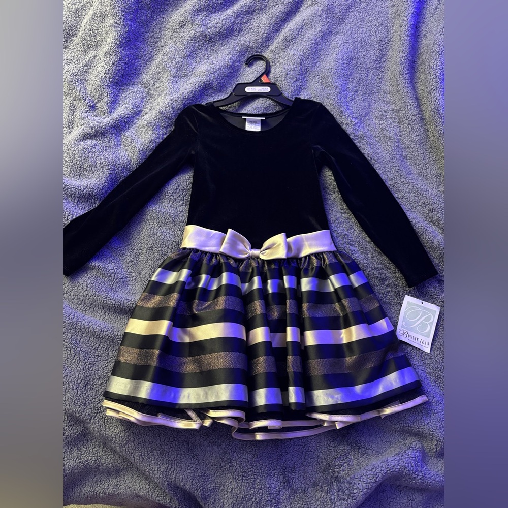 Children’s Black and Gold Striped Dress with Bow